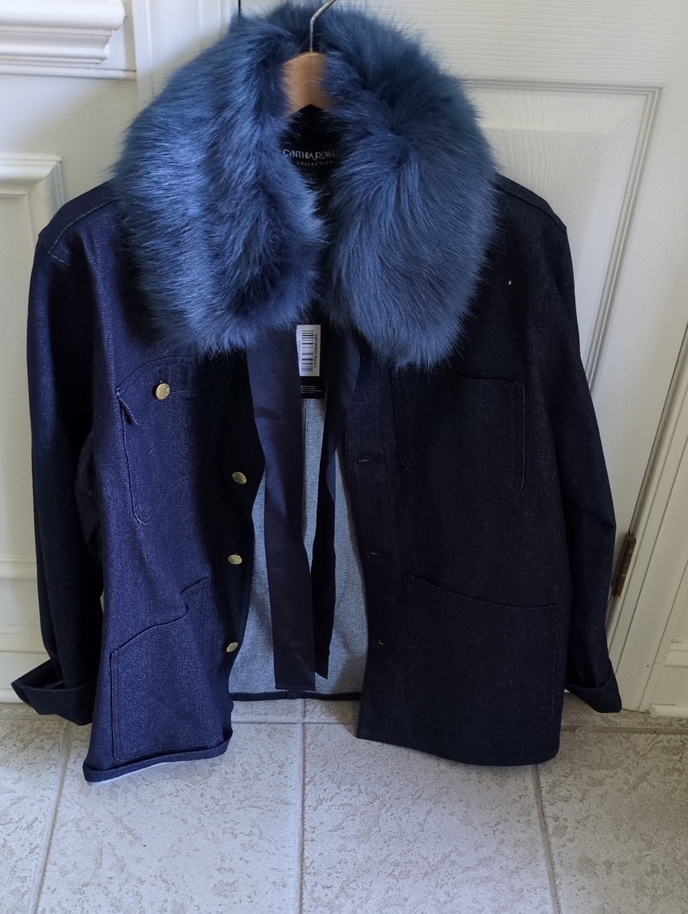 Cynthia Rowley Navy Denim Jacket with Faux Fur Blue Collar
